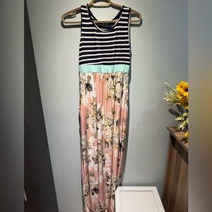 Egs Navy Stripe Top Floral Skirt Maxi Dress | Summer Boho | Small